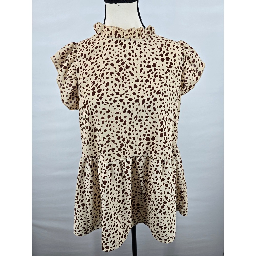 Angashion Womens Leopard Print Peplum Top RuffleMockNeck Puff Sleeve Tan Brown S